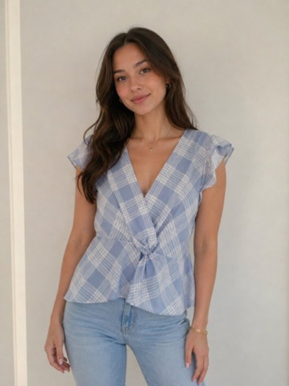 Laundry by Shelli Segal Blue Plaid Front Tie Blouse Size Large